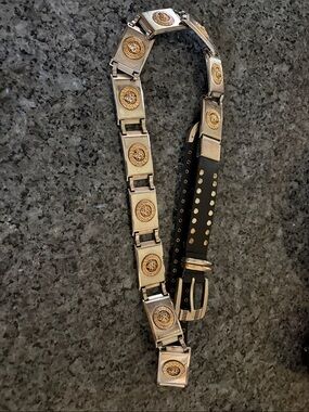 Lion Heads Belt Black Leather
Hinged Gold Silver Vtg Greek Key
Pattern 38" long